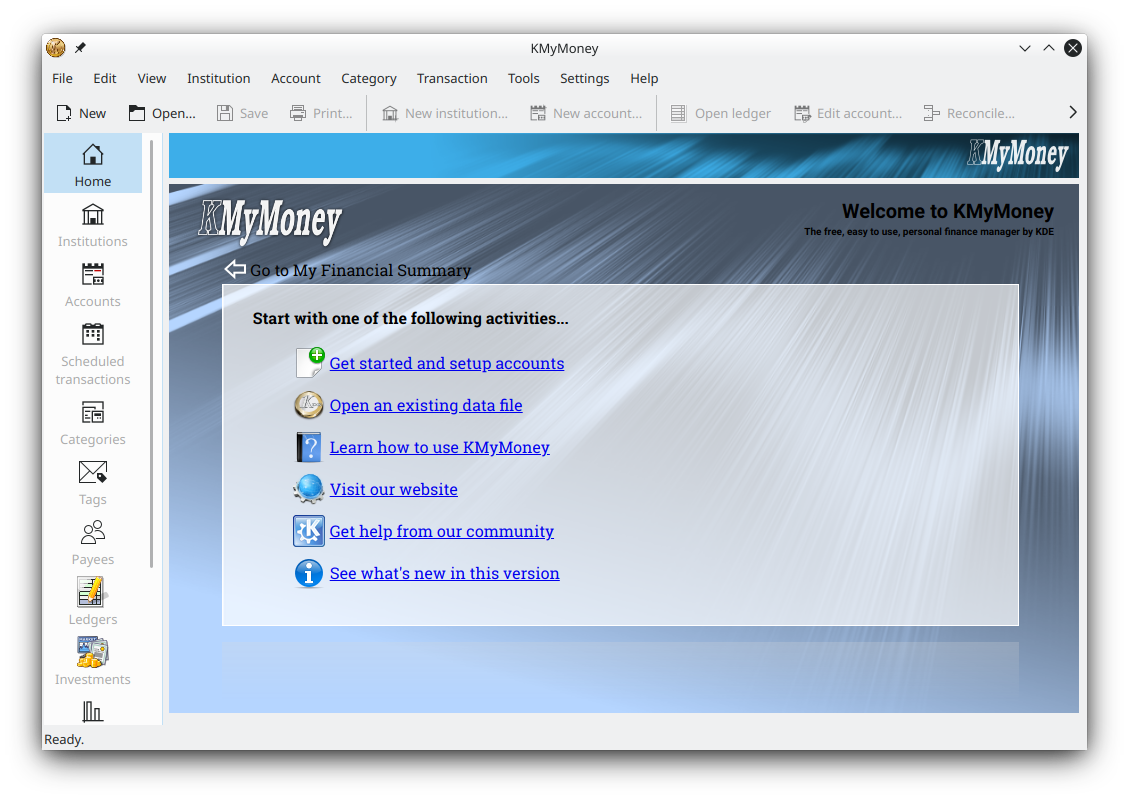 Download KMyMoney for Windows main window on Windows 11