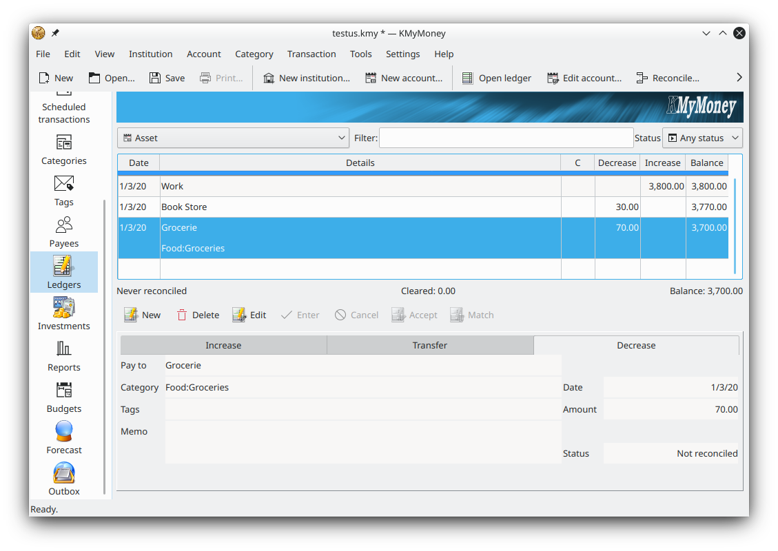 KMyMoney macOS ledger view