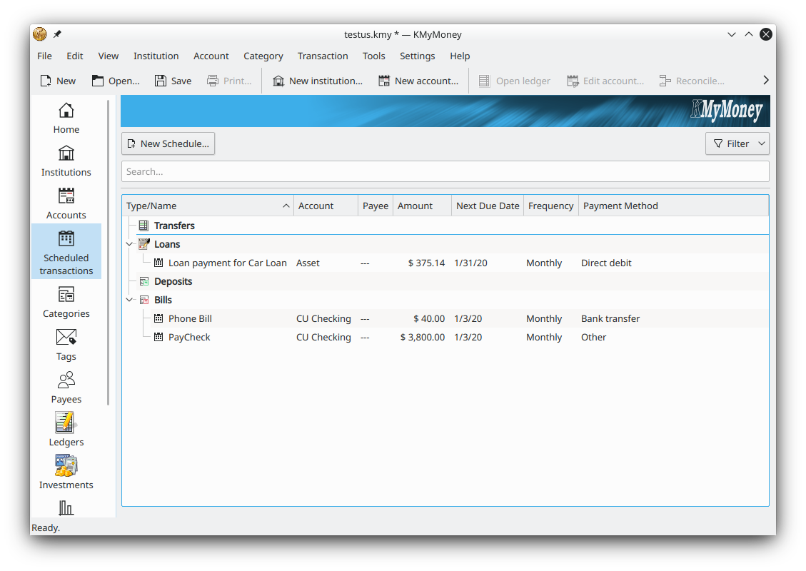 KMyMoney macOS scheduled transactions